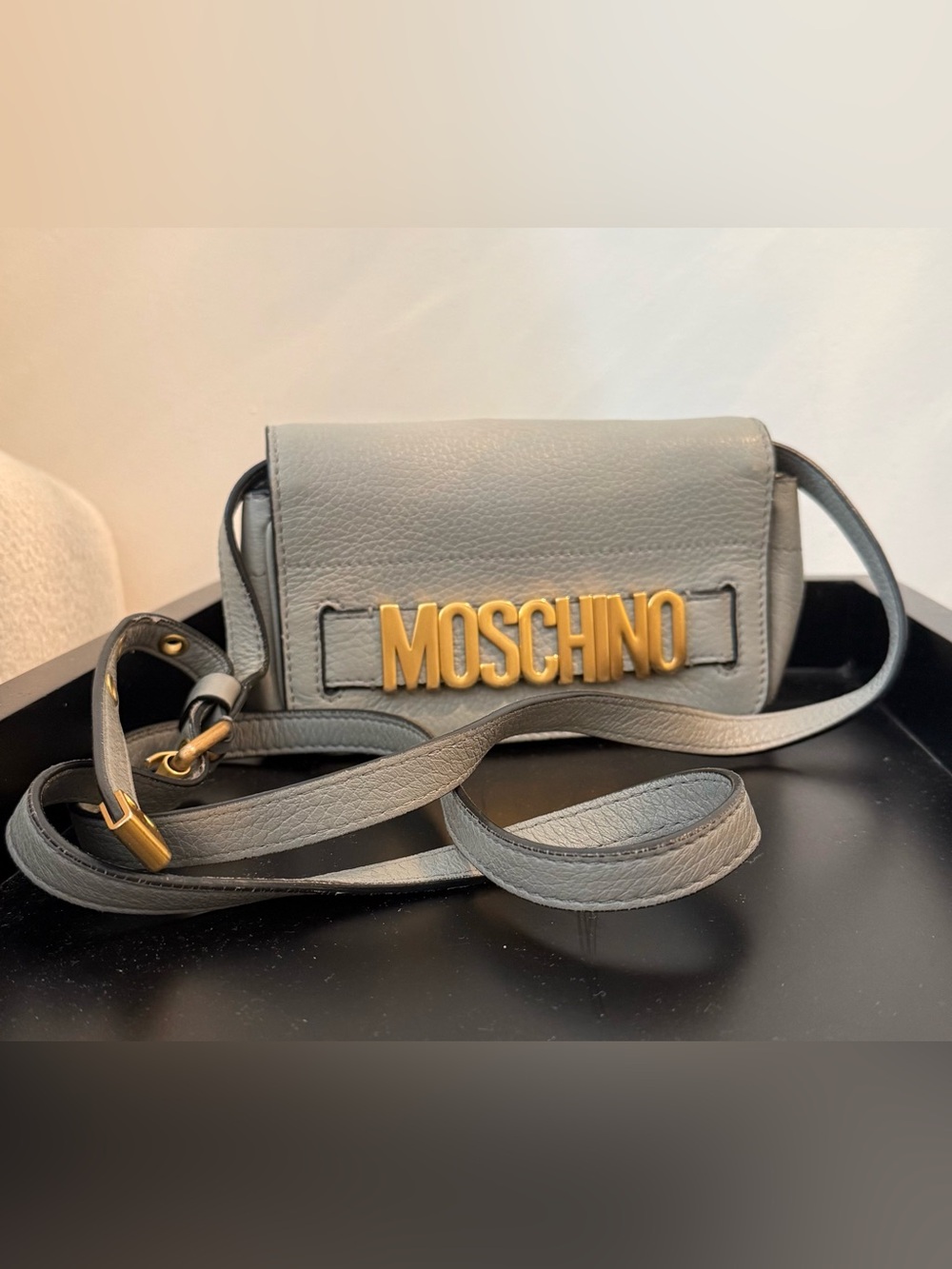 Moschino Light Gray Leather adjustable Crossbody with Gold Logo hardware
